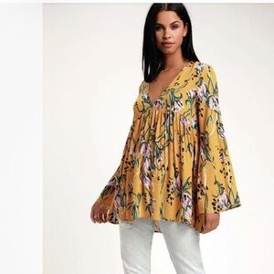 Free People Bella yellow Floral deep V-Neck Blouse tunic top flowy relaxed fit